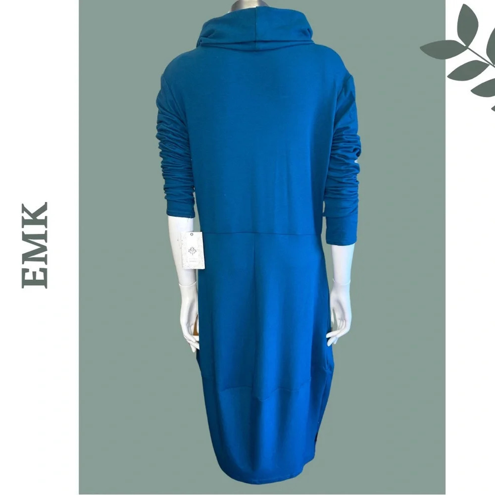 EMK Irene Midi Dress Long Sleeves w/ Pockets Cowl Neck Teal Bamboo Blend - Picture 5 of 10